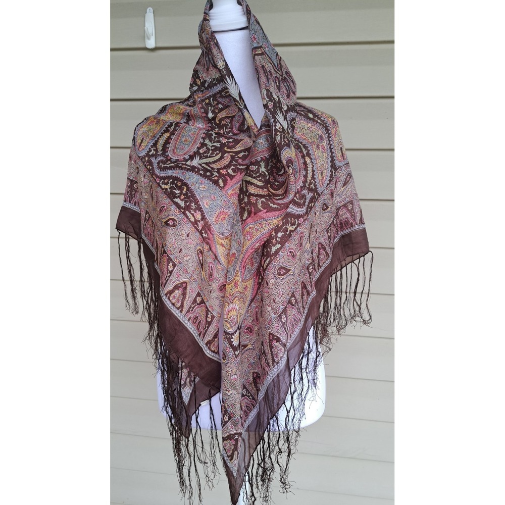 Women's 100% Silk Square 40x40" Brown Paisley Fringe Scarf Headscarf Shawl
